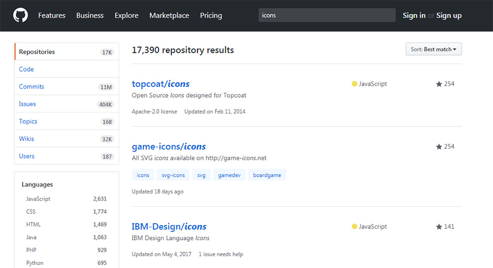 GitHub icons search