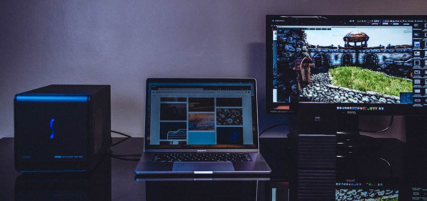 Computer equipment on a desk.