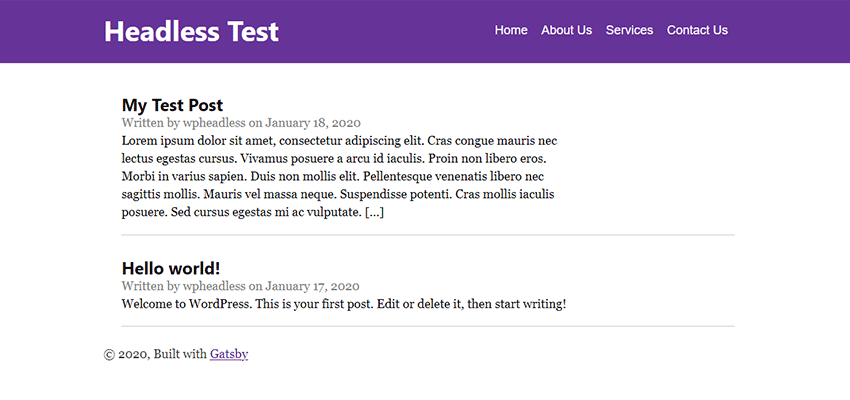 The GatsbyJS website, using content from WordPress.
