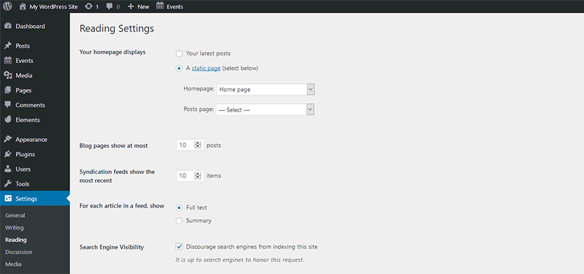 The WordPress Reading Settings page.